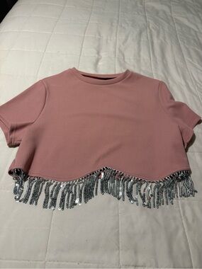 SHEIN Dusty Pink Cropped Fringe Tee